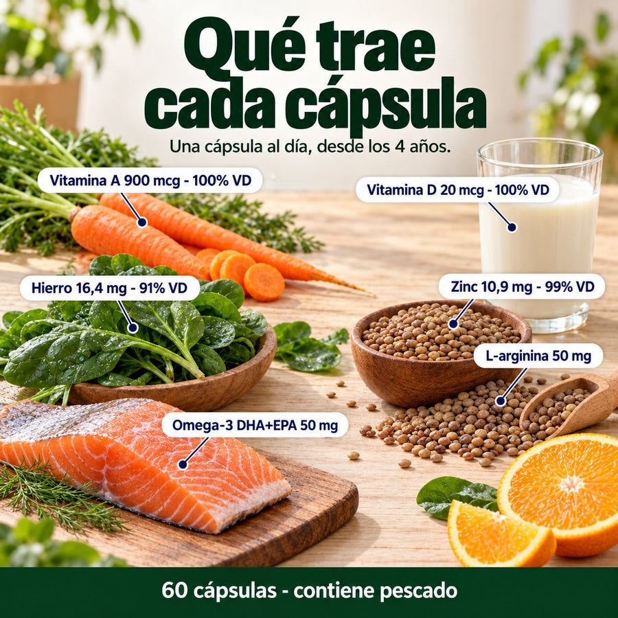 Qué trae cada cápsula de KidGrow: vitamina A 900 mcg, vitamina D 20 mcg, zinc 10,9 mg, hierro 16,4 mg, omega-3 50 mg y L-arginina 50 mg
