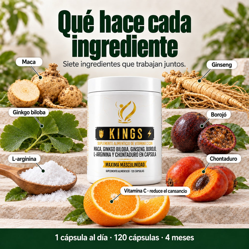Qué hace cada ingrediente de Kings: maca, ginseng, ginkgo biloba, borojó, L-arginina, chontaduro y vitamina C