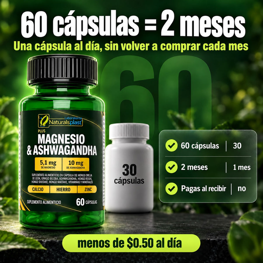 60 cápsulas = 2 meses: una cápsula al día, menos de $0.50 al día, frente al frasco típico de 30