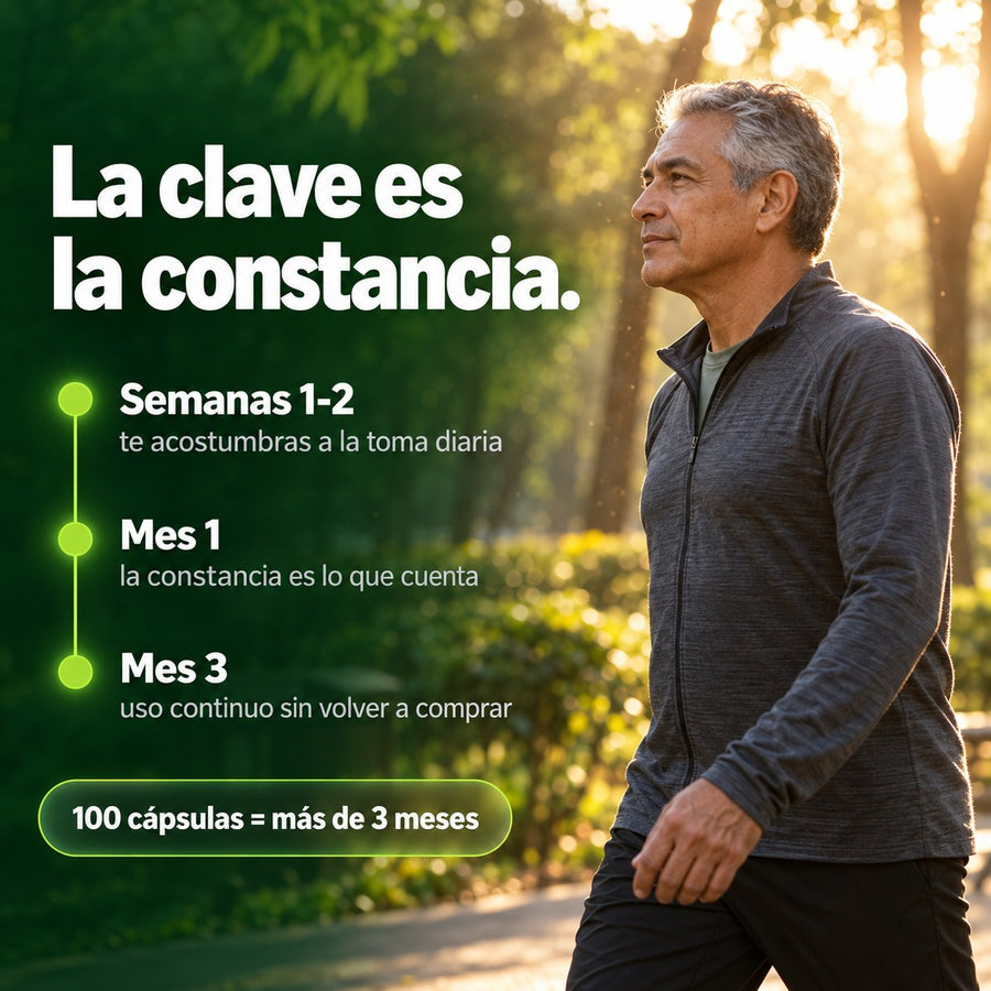 La clave es la constancia: semanas 1–2, mes 1, mes 3 — 100 cápsulas = más de 3 meses