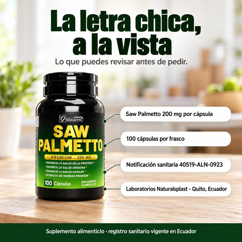 La letra chica de Saw Palmetto Premium a la vista: 200 mg por cápsula, 100 cápsulas, notificación sanitaria 40519-ALN-0923, Laboratorios Naturalsplast