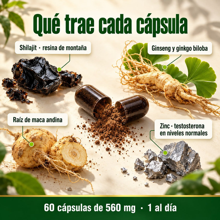 Qué trae cada cápsula: shilajit, ginseng, ginkgo biloba, maca y zinc
