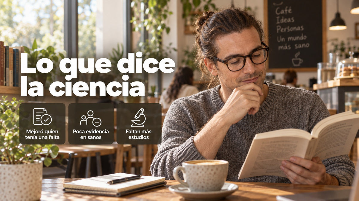 Hombre leyendo en una cafetería; lo que dice la ciencia sobre la biotina