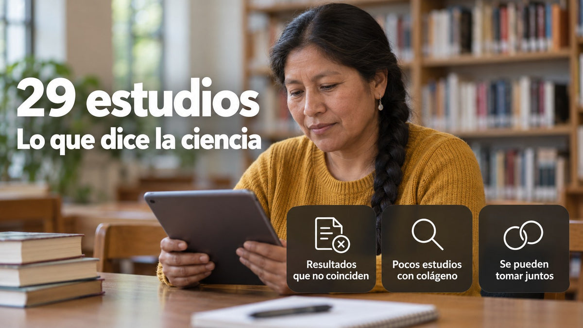 Mujer leyendo estudios; la ciencia sobre colágeno y glucosamina no es concluyente