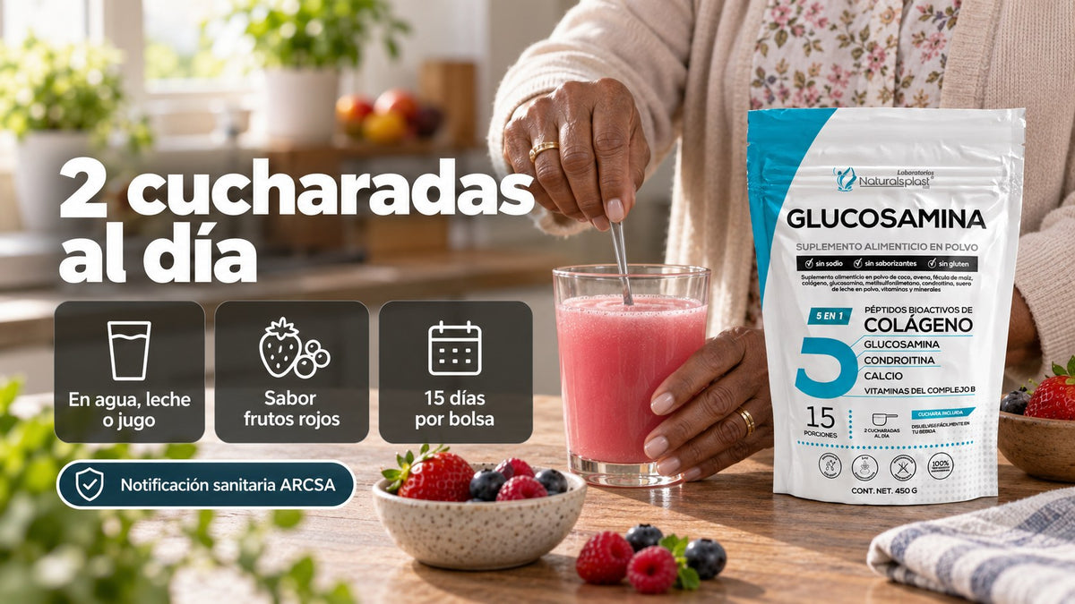 Glucosamina 5 en 1 de Vitandes: 2 cucharadas al día en agua, leche o jugo