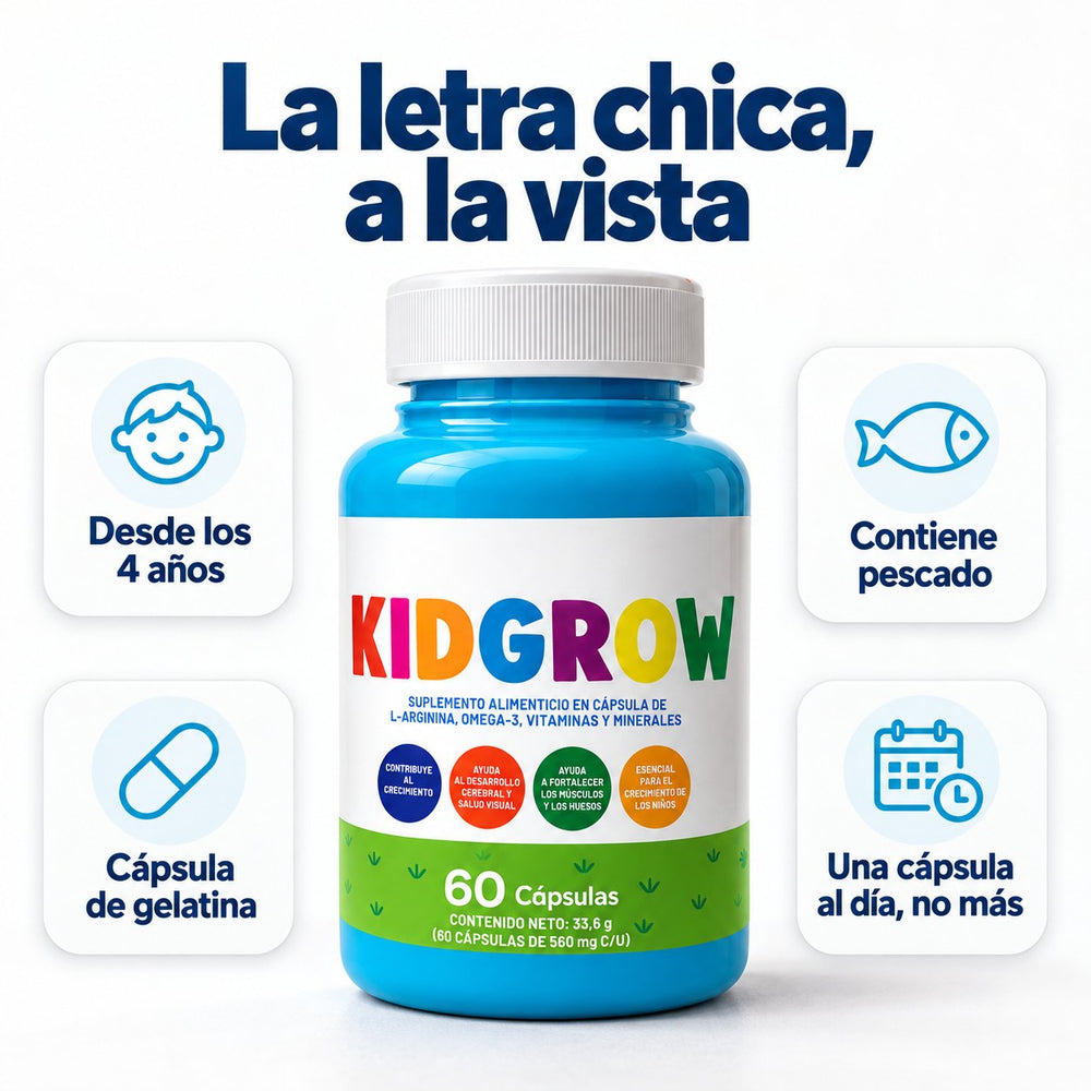 La letra chica de KidGrow: desde los 4 años, contiene pescado, cápsula de gelatina