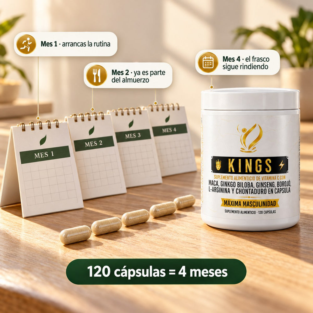 Cuatro meses de rutina con un solo frasco de Kings: 120 cápsulas, 1 al día