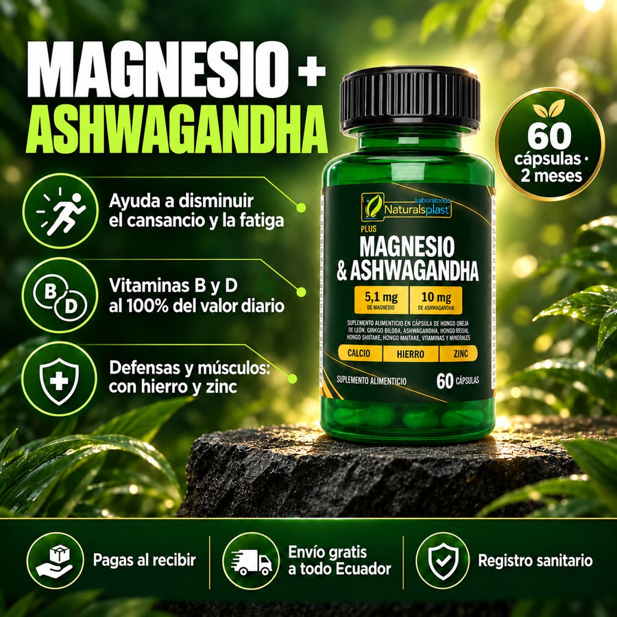 Magnesio + Ashwagandha de Vitandes: ayuda a disminuir el cansancio y la fatiga, vitaminas B y D al 100 % del valor diario, 60 cápsulas para 2 meses
