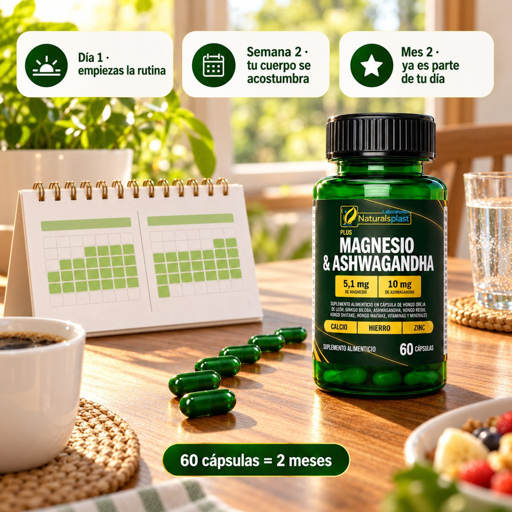 La rutina del Magnesio + Ashwagandha: día 1 empiezas, semana 2 tu cuerpo se acostumbra, mes 2 ya es parte de tu día · 60 cápsulas = 2 meses