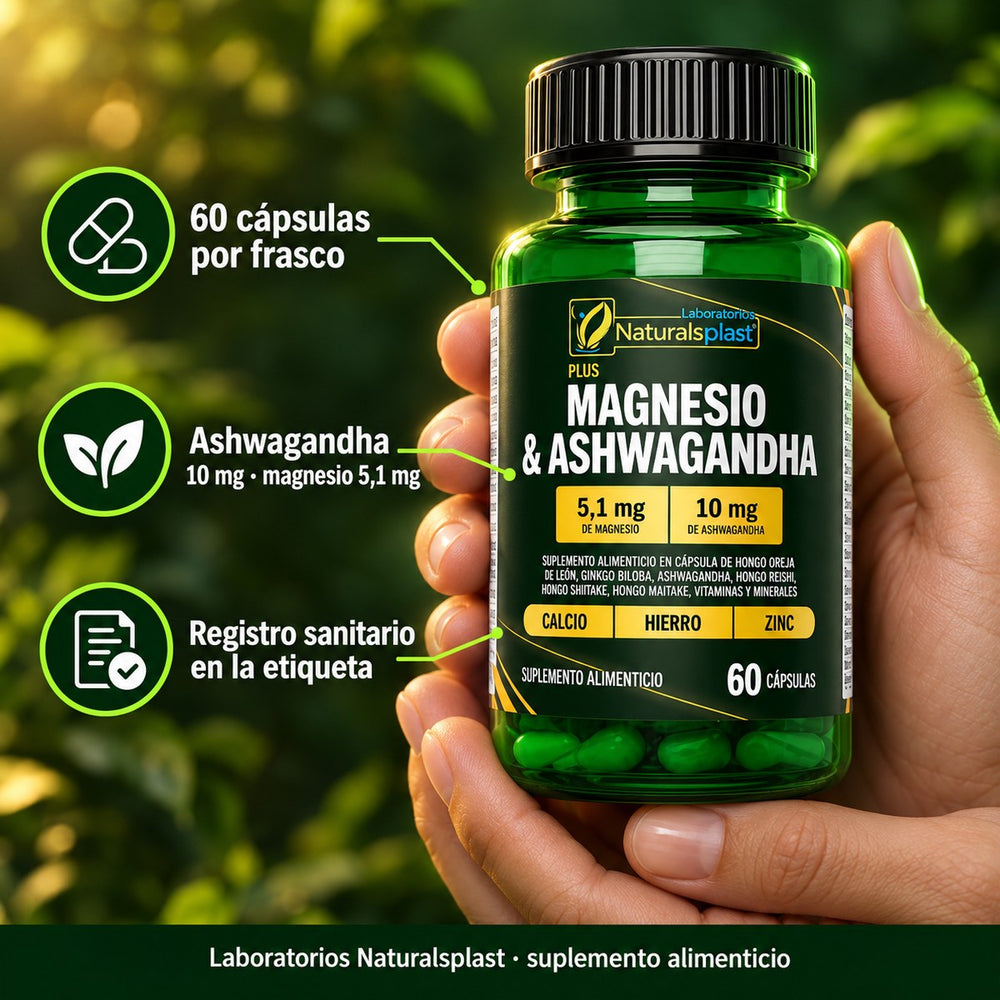 La etiqueta en la mano: 60 cápsulas, ashwagandha 10 mg, registro sanitario