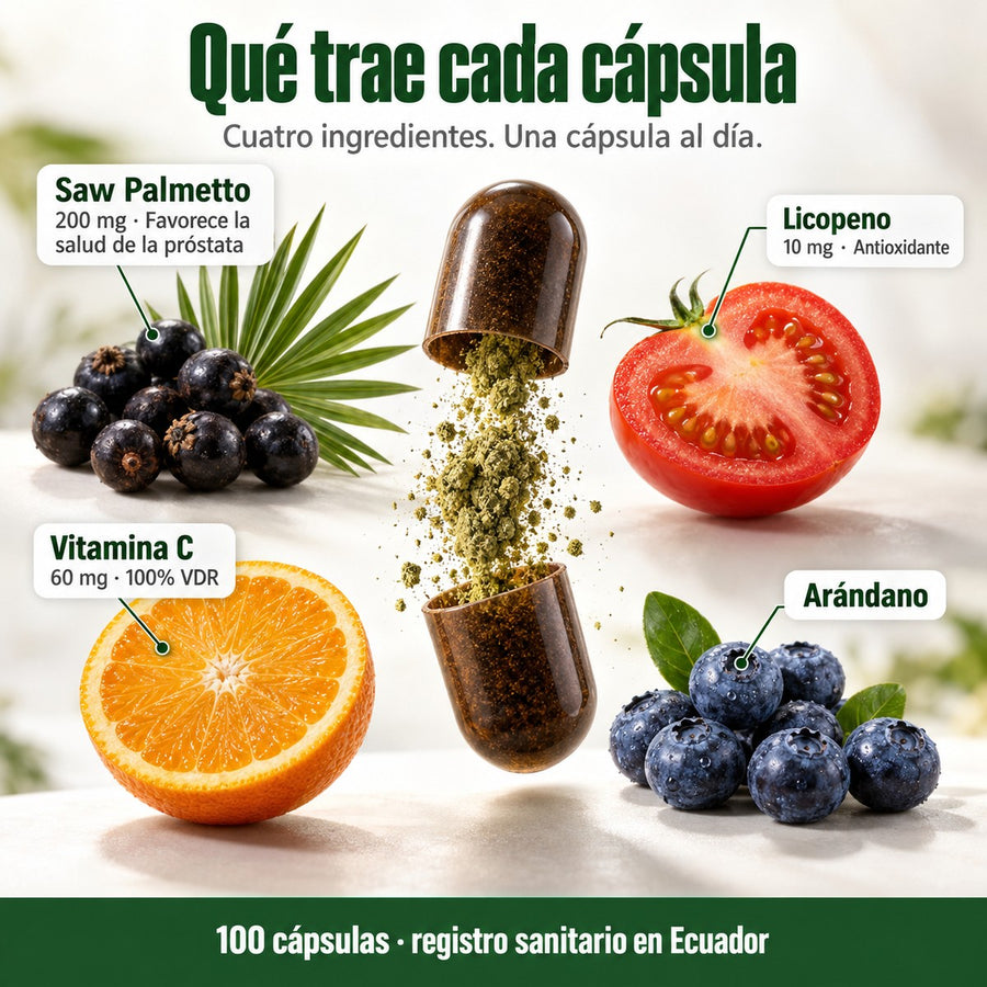 Qué trae cada cápsula de Saw Palmetto Premium: Saw Palmetto 200 mg, licopeno 10 mg, vitamina C 60 mg y arándano