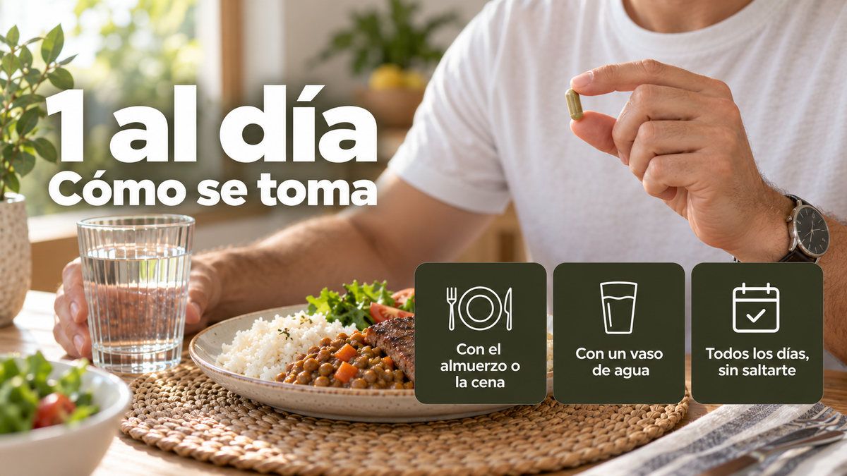 Una cápsula de saw palmetto al día con el almuerzo y un vaso de agua