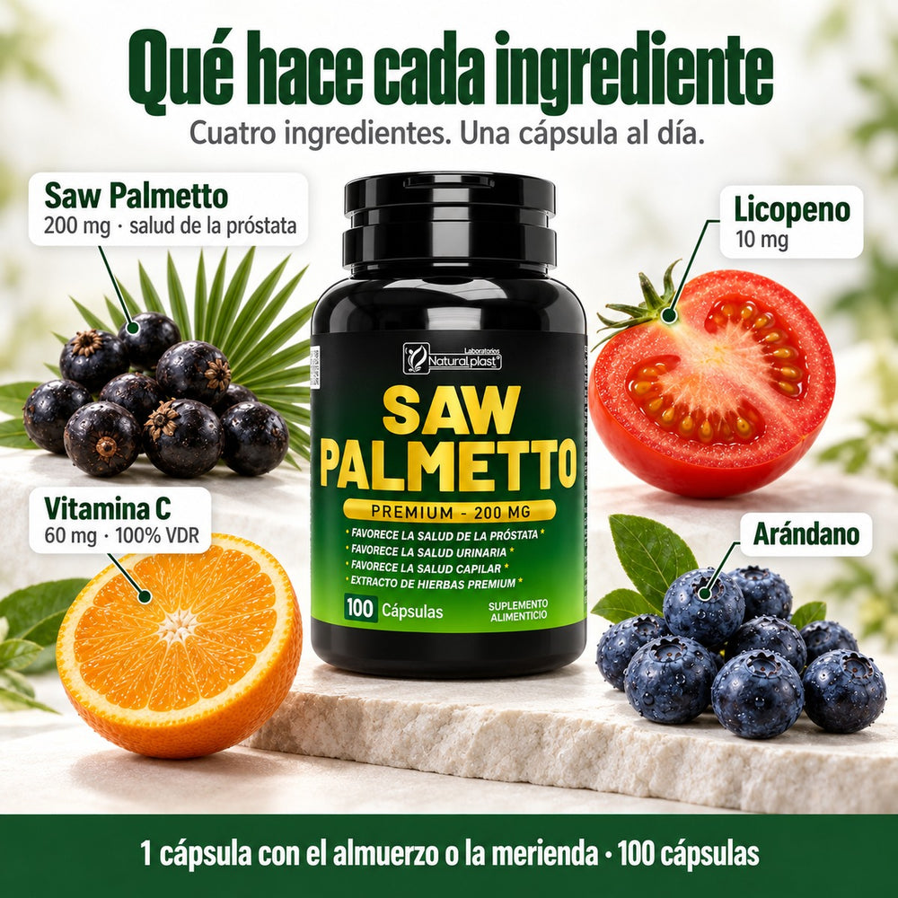 Qué hace cada ingrediente de Saw Palmetto Premium: Saw Palmetto 200 mg, licopeno 10 mg, vitamina C 60 mg y arándano