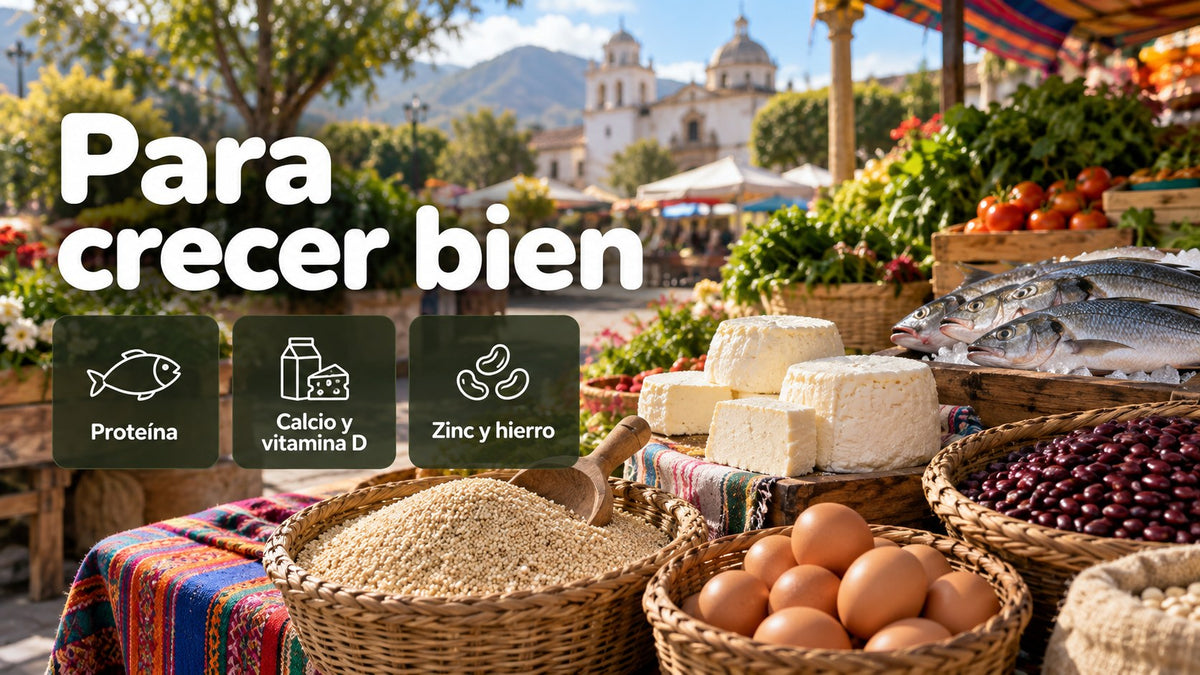 Quinua, huevos, queso, pescado y fréjol en un mercado, nutrientes para crecer bien