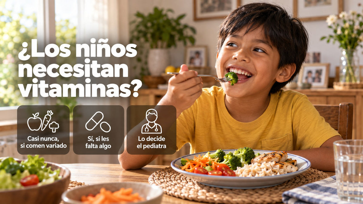 Niño almorzando un plato con verduras; la mayoría no necesita vitaminas si come variado